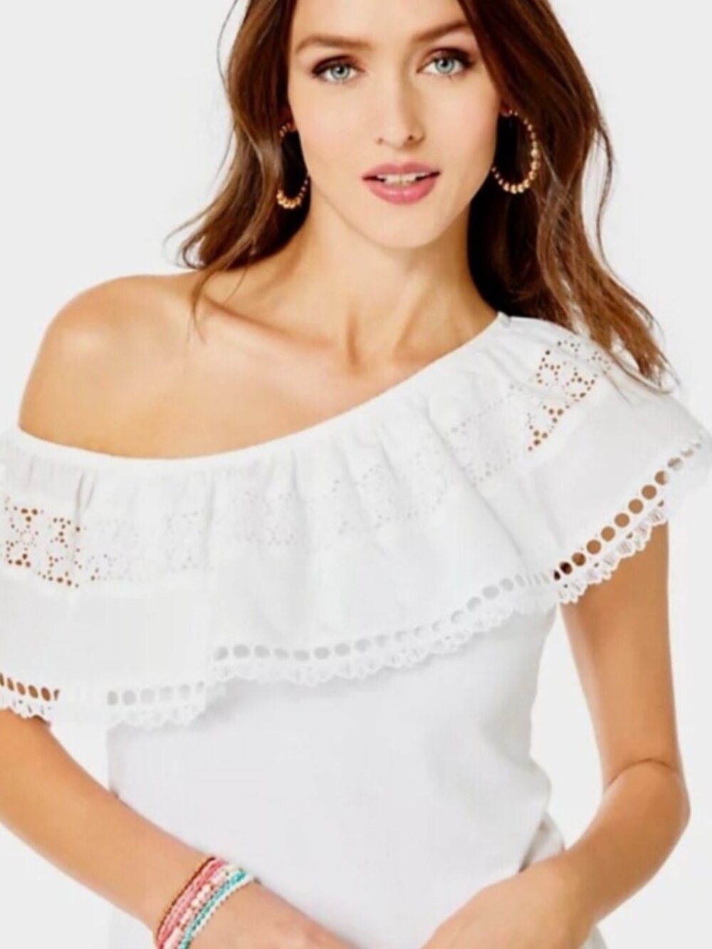 Lilly Pulitzer Tracee One Shoulder Eyelet Blouse XL White Cotton Ruffle Top